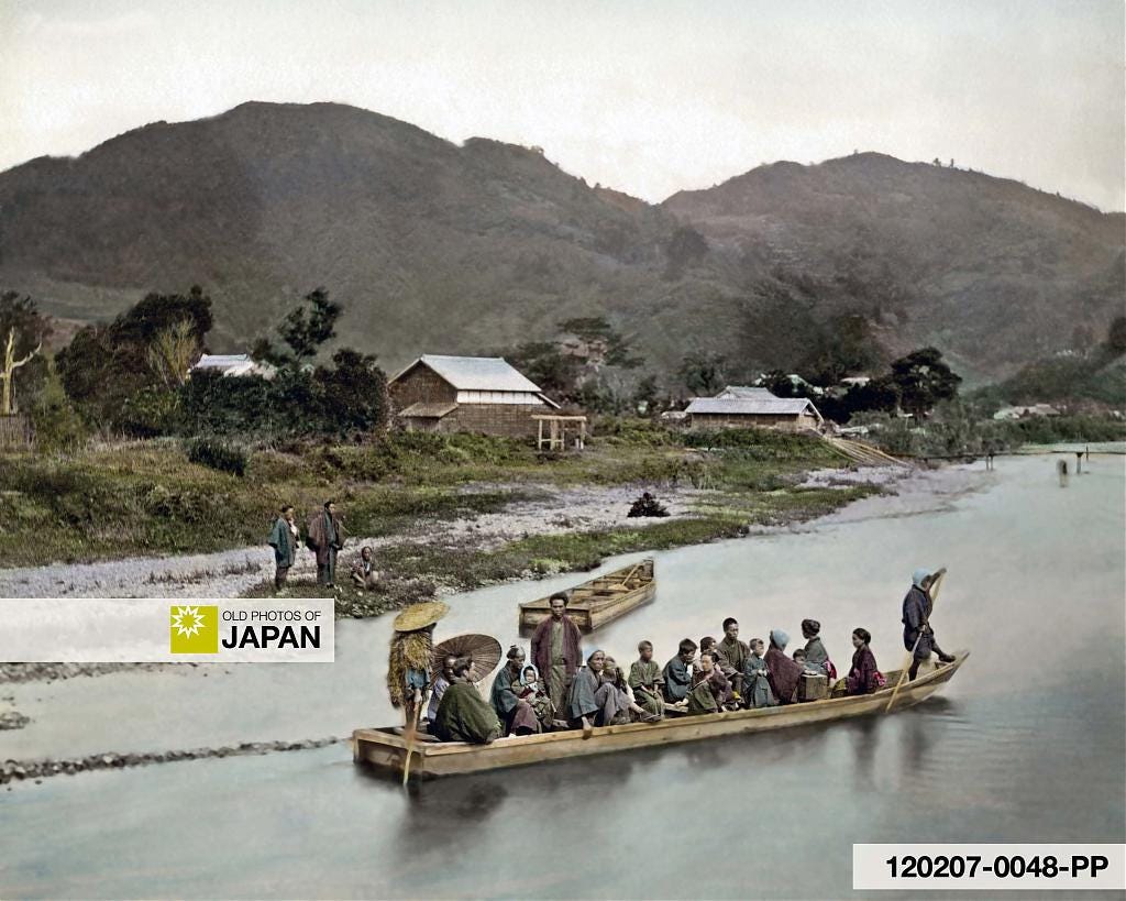 Vintage  hand colored albumen print of a Japanese ferry full of passengers, ca. 1880s