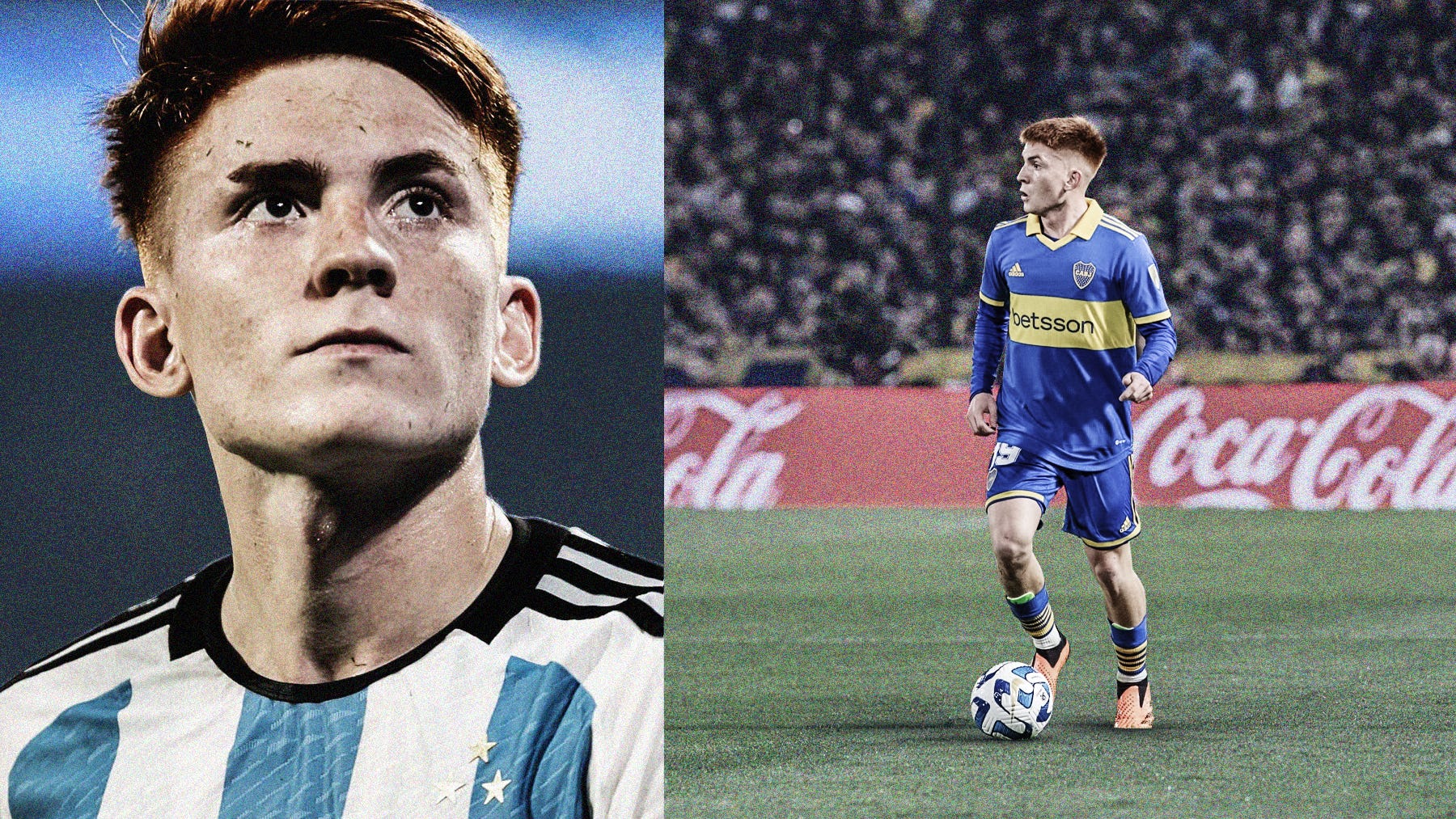 A composite image featuring two photos of Valentín Barco – left, a close-up of Barco in an Argentina shirt; right, a wide-frame photo of him carrying the ball for Boca Juniors