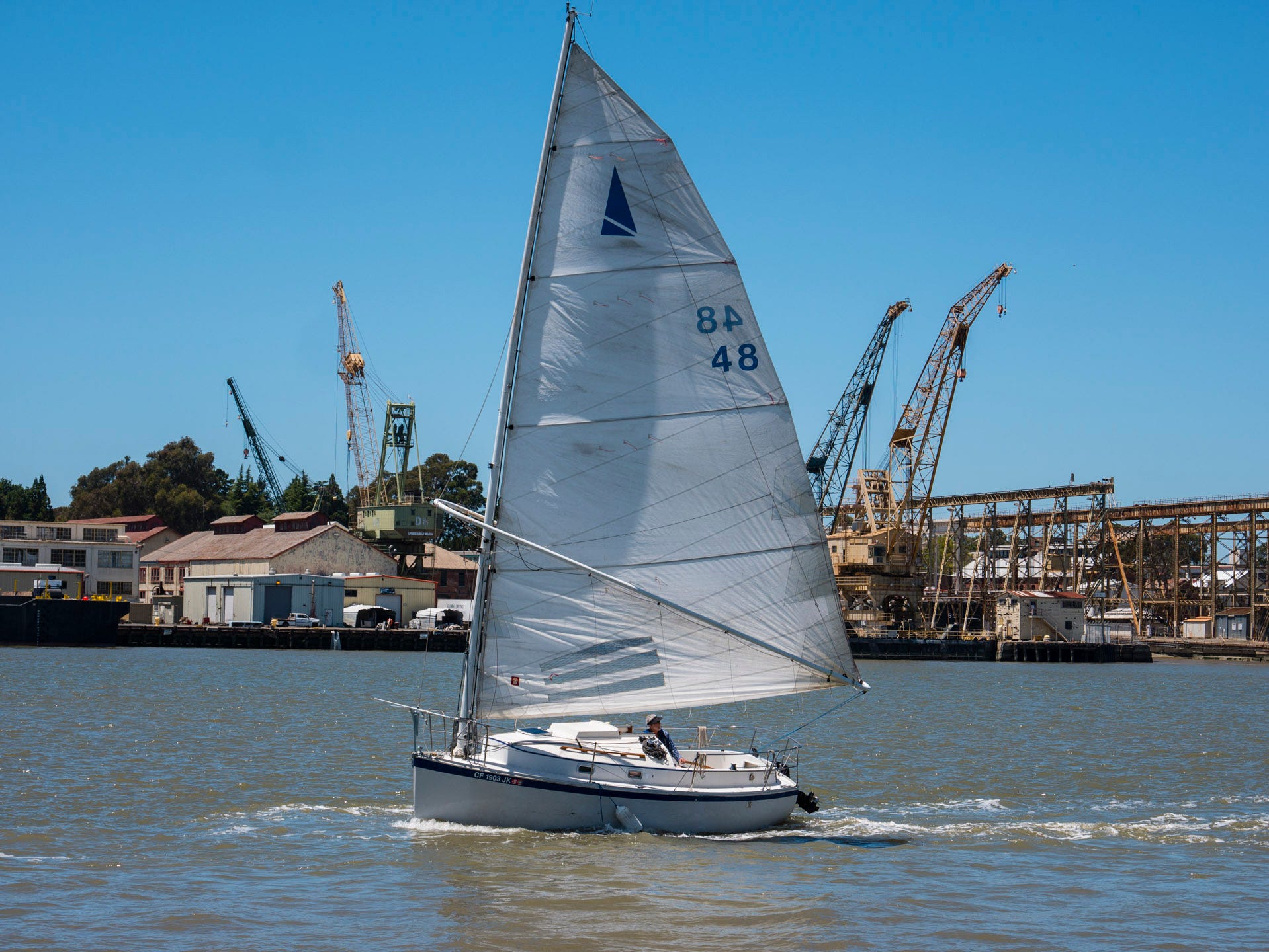 A recreational sailor pilots a small, single-mast sailboat in the channel. Behind, shipping cranes reach for the sky.