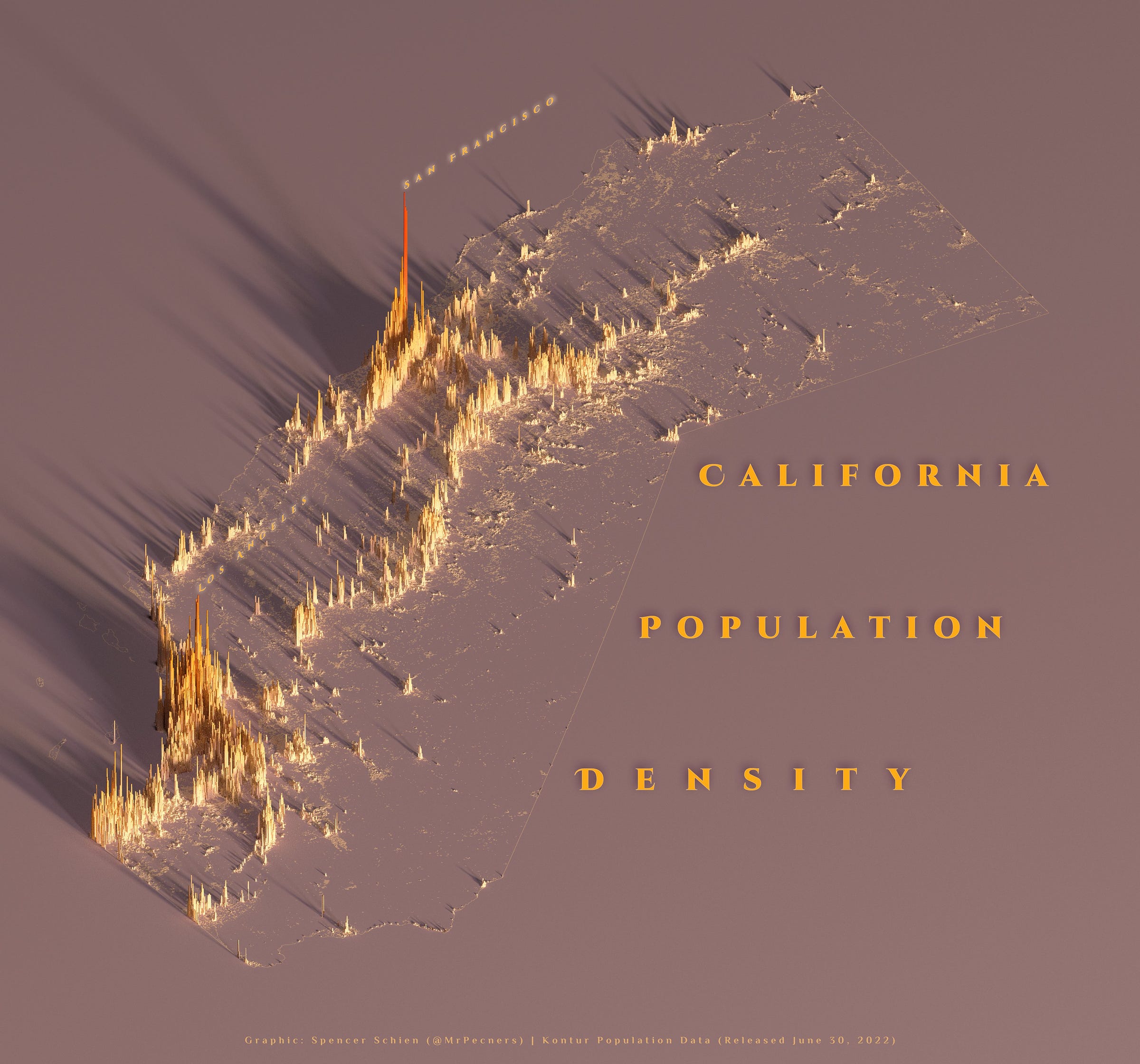 Population density map of California, rendered in R using the rayshader package.
