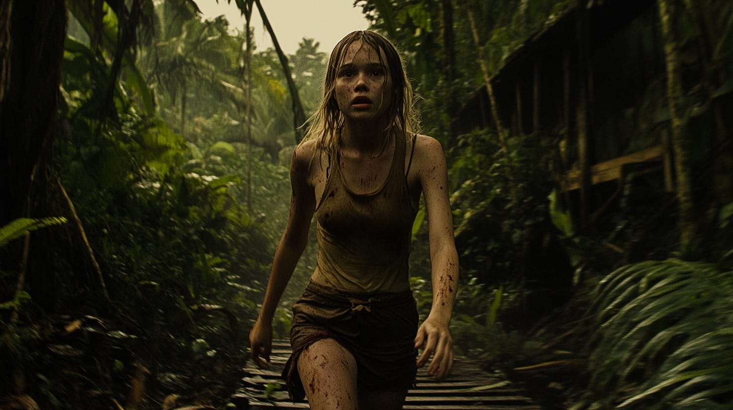 Transition scene. /imagine prompt: transition photography shot of Emily running in the jungle, wide camera angle — cref https://s.mj.run/v-bkWDK3plU — sref https://s.mj.run/v-bkWDK3plU — ar 16:9 — v 6.1