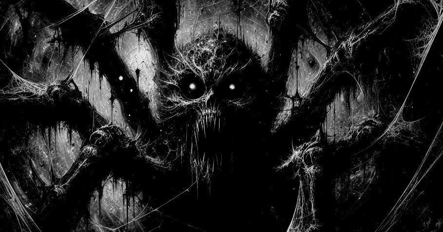 Terrifying cosmic spider monster with glowing eyes and sharp fangs, emerging from dark space webbing; a soul-devouring alien creature inspired by sci-fi horror and Lovecraftian design.