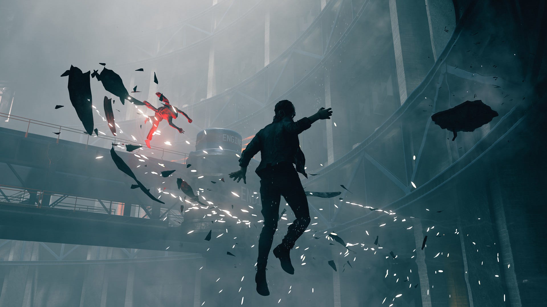 Video game screenshot of a woman viewed from behind, floating with right hand raised, while a person illuminated in red light appears to be hurled into the distance.