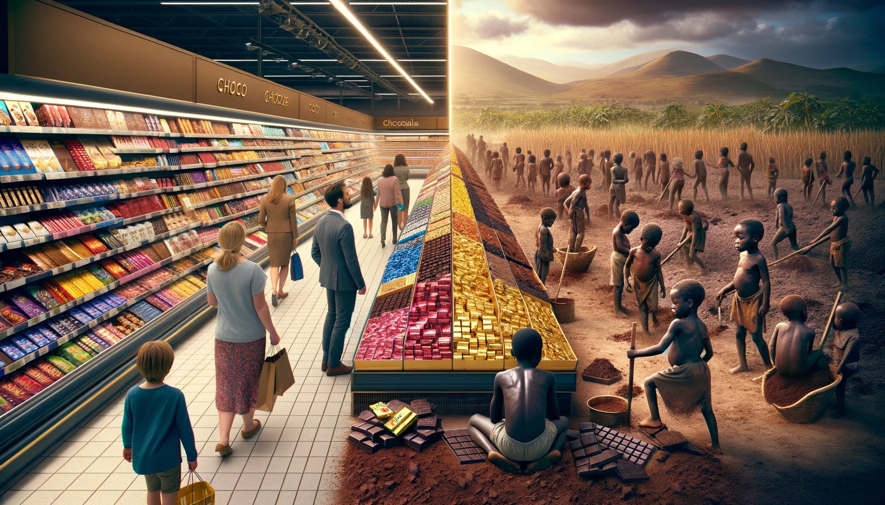 A powerful and thought-provoking image divided into two contrasting halves. On the left, a Western supermarket aisle, brightly lit and clean, filled with an array of luxurious chocolate brands. Shoppers, a diverse group of adults of different descents, are casually selecting chocolates, depicting a sense of abundance and unawareness. On the right, the harsh reality of cocoa farming in Africa, with a focus on child labor. The scene shows children, appearing African, tired and overworked, harvesting cocoa under the harsh sun, with a barren, arid landscape in the background. This side of the image should evoke a sense of struggle and hardship, starkly contrasting with the left side. This juxtaposition powerfully conveys the unintended consequences of Western policies on cocoa child labor.