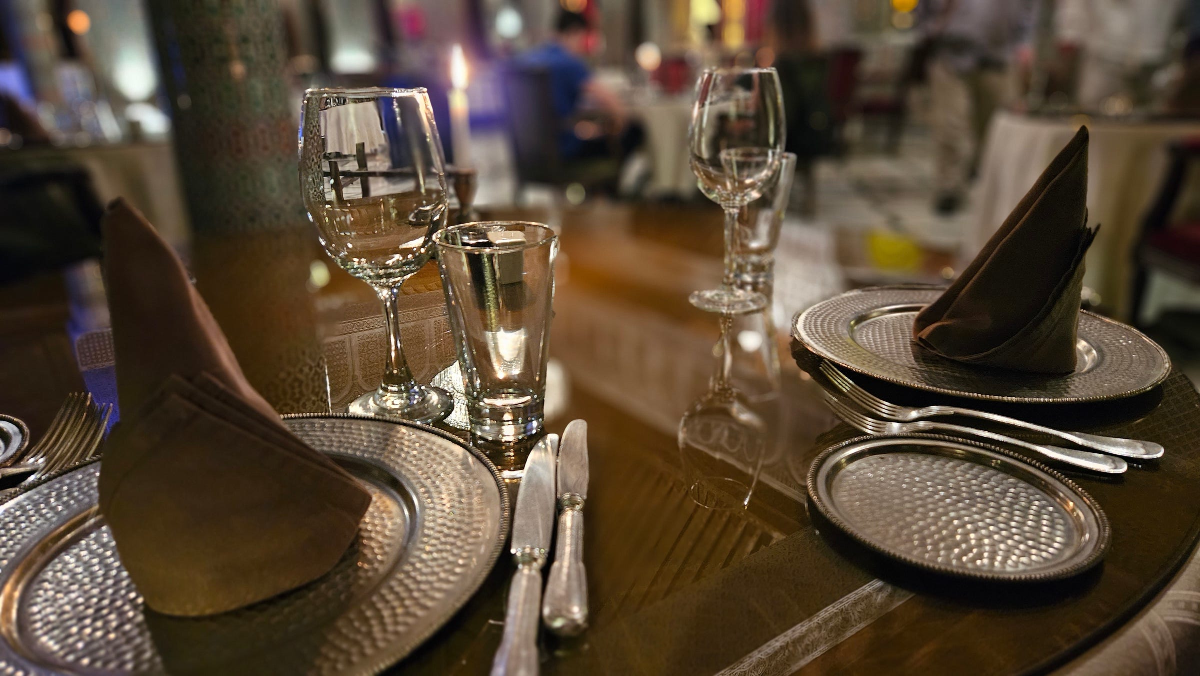 A table set for dinner at a restaurant in Marrakech, Morocco