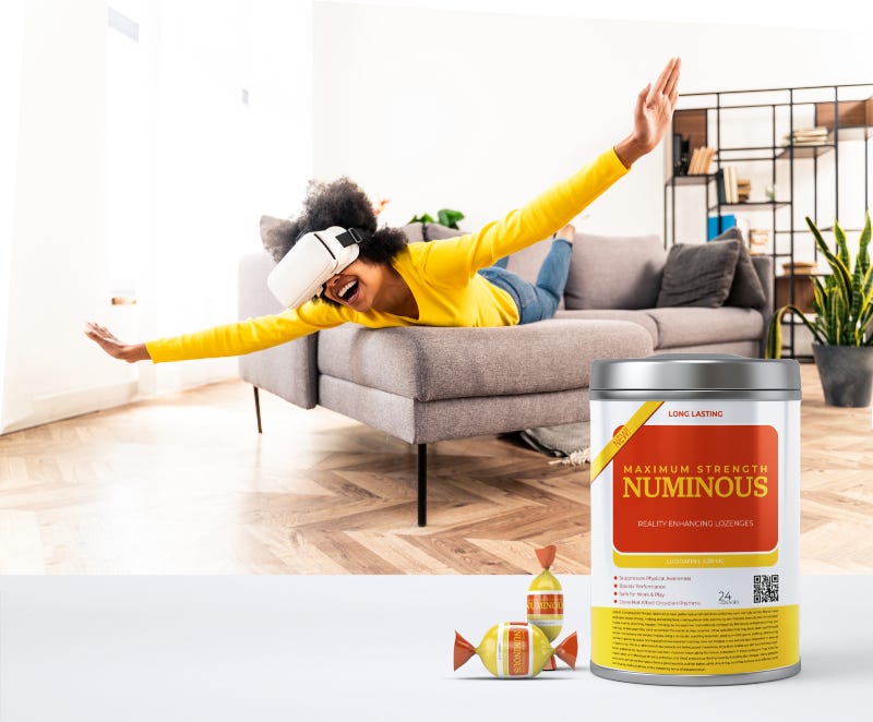 A design fiction rendering, a mockup of an advert featuring a woman in a flying pose, wearing a VR headset, laying belly down on a sofa enjoying a metaverse experience. In the foreground is a product shot of Numinous lozenges, a psychoactive metaverse candy.