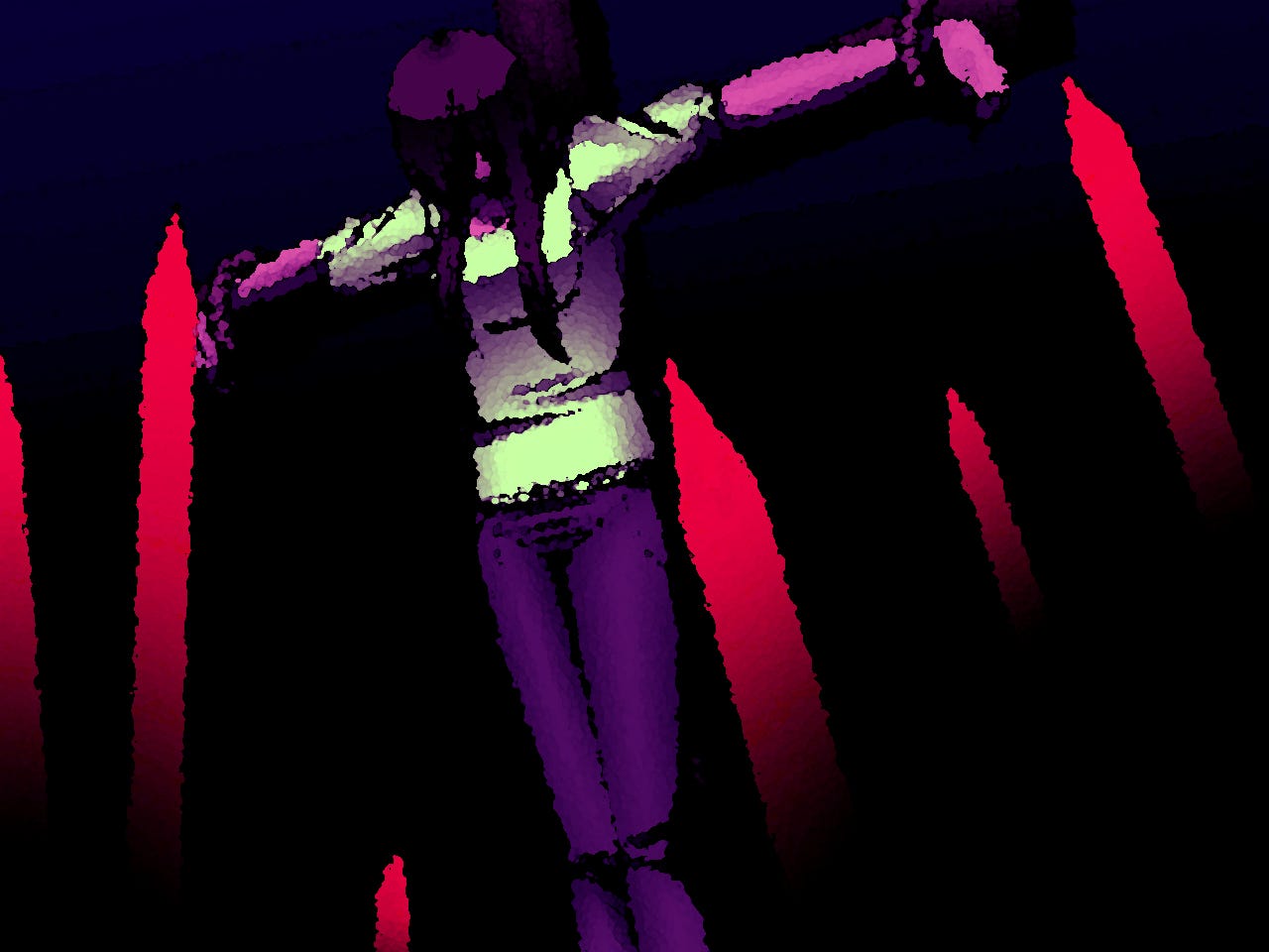 CG of a woman getting crucified with people holding up sharp red poles in front of her