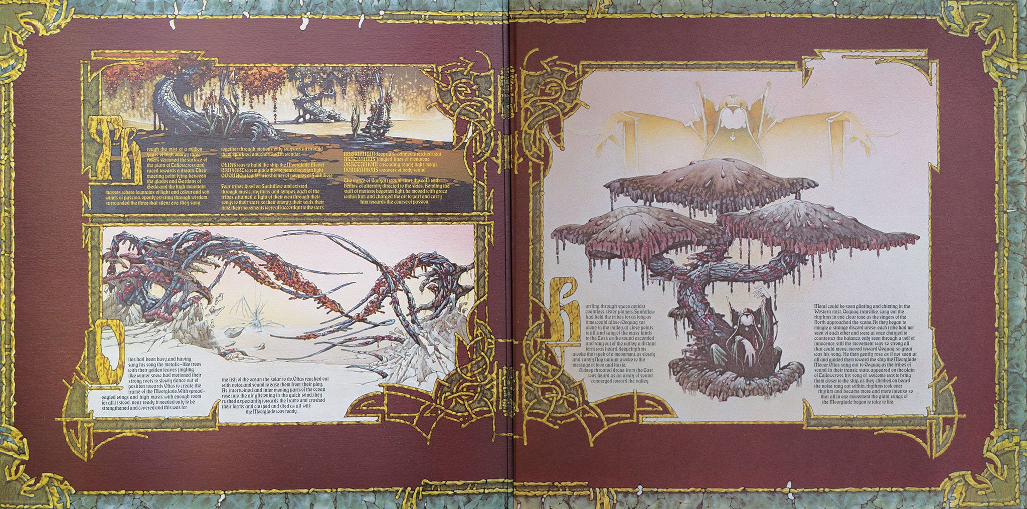 The inside of the album's gatefold. Painted images of fantastical vegetation, swamplands, crystal mountains, and mushroom groves populated by strange wizard-lookin' dudes. Dozens of paragraphs of dense, dorky text describe the story of the album.