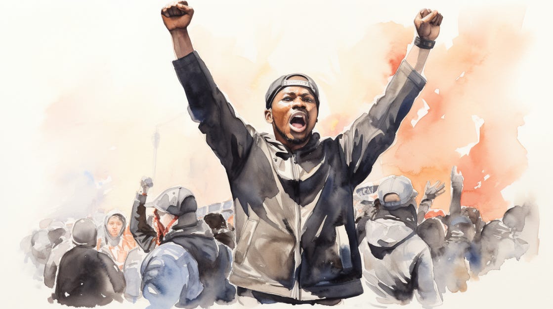 Watercolor sketch of a Black man holding both fists in the air during a BLM demonstration.