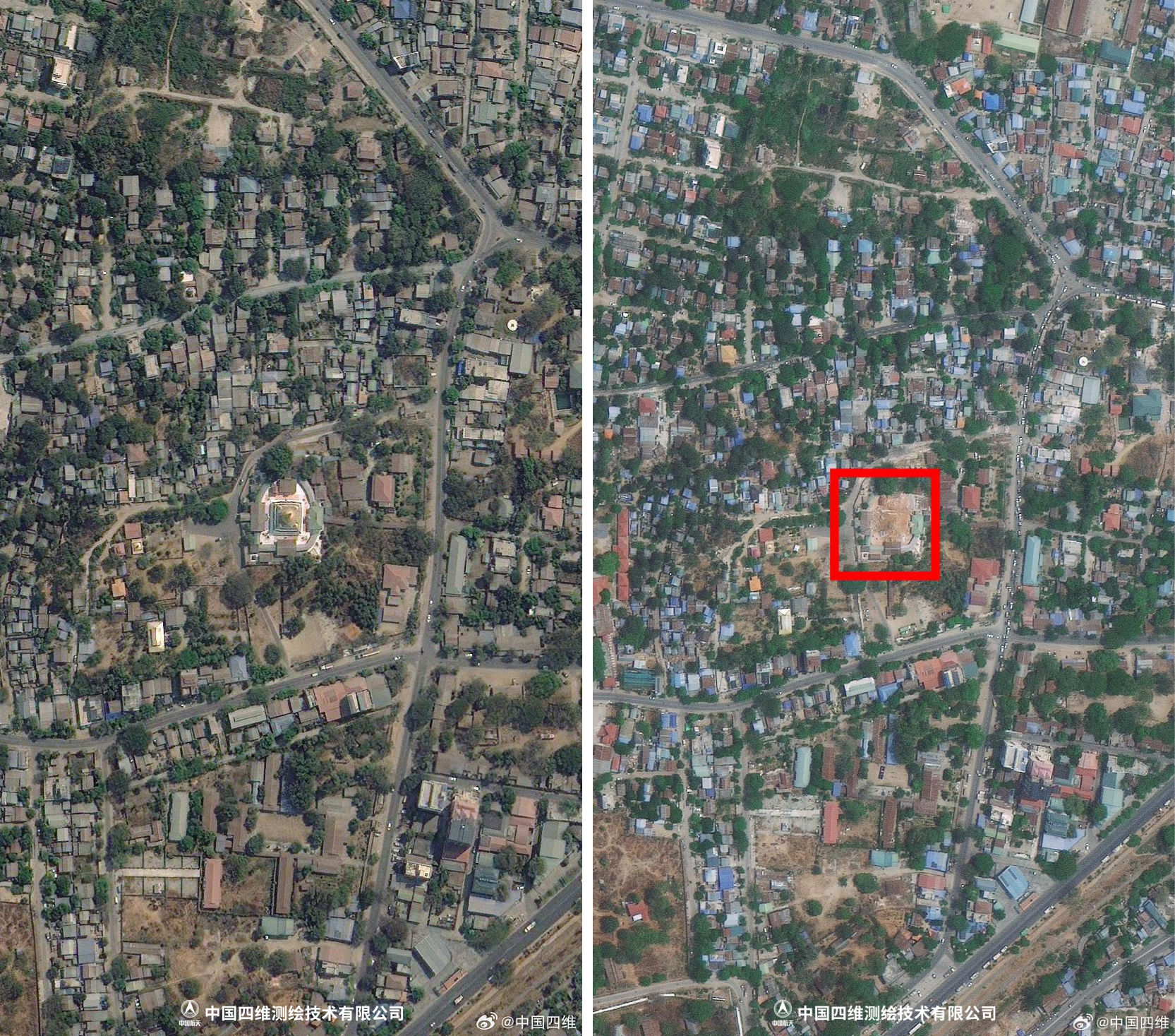 Before (left) and after (right) images of a temple in Mandalay, Myanmar.