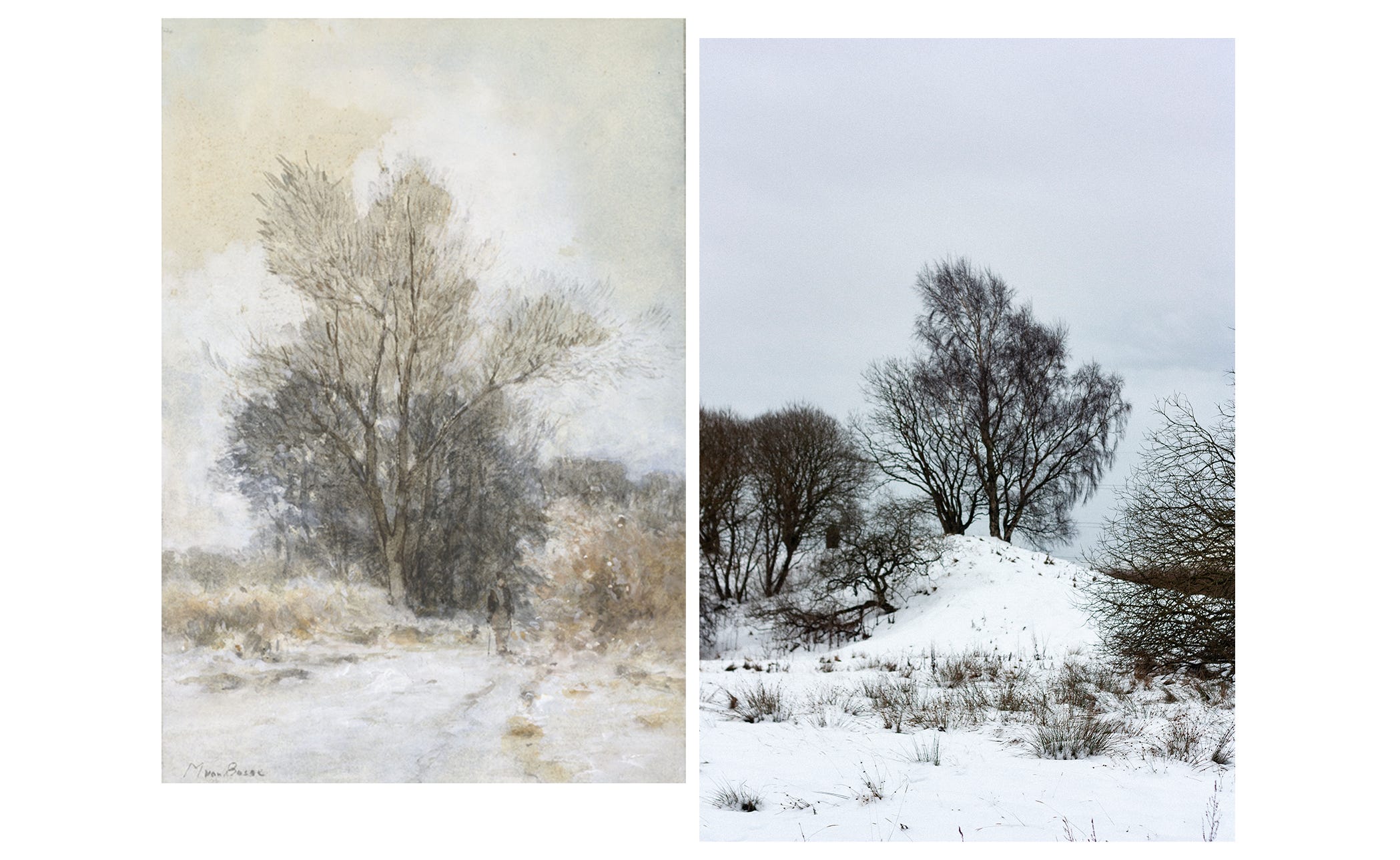 Right image is a watercolour of a snowy woodland path, large trees in the background and the outline of a single person walking in the distance. Left image is a photograph of a small snowy hill with a large tree growing up behind it. The two trees in each image look very similar. 