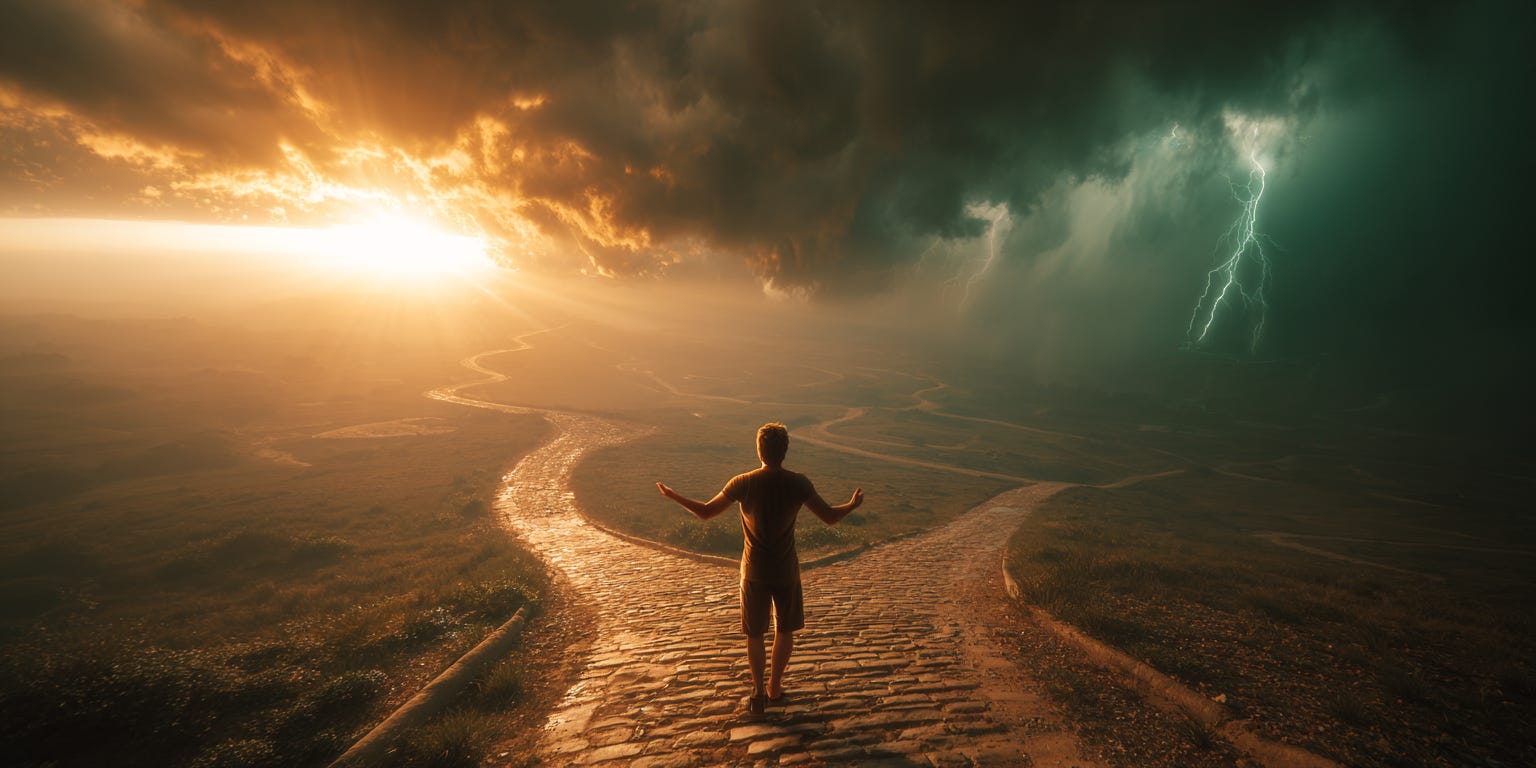 A person standing at a crossroads where one path leads uphill through storm clouds and lightning, while the other path leads downhill through calm sunny weather, but the person is walking confidently toward the stormy path with arms open wide, rendered in a minimalist surreal style with muted colors and dramatic lighting
