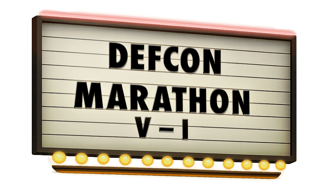 A neon and bulb lit movie marquee reads DEFCON MARATHON V - I in traditional stencil lettering
