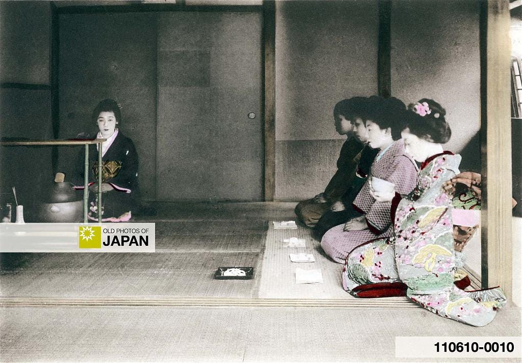 Japanese tea ceremony passing tea, 1907