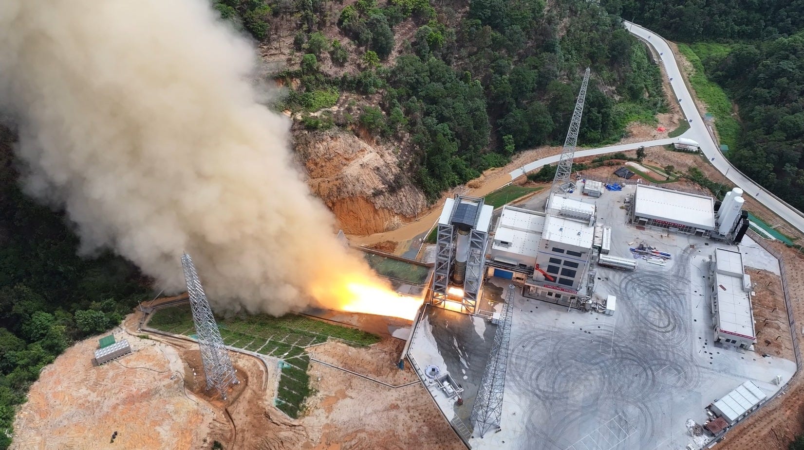 One of Kinetica-2’s first-stage boosters firing at CAS Space’s test facility in Conghua.