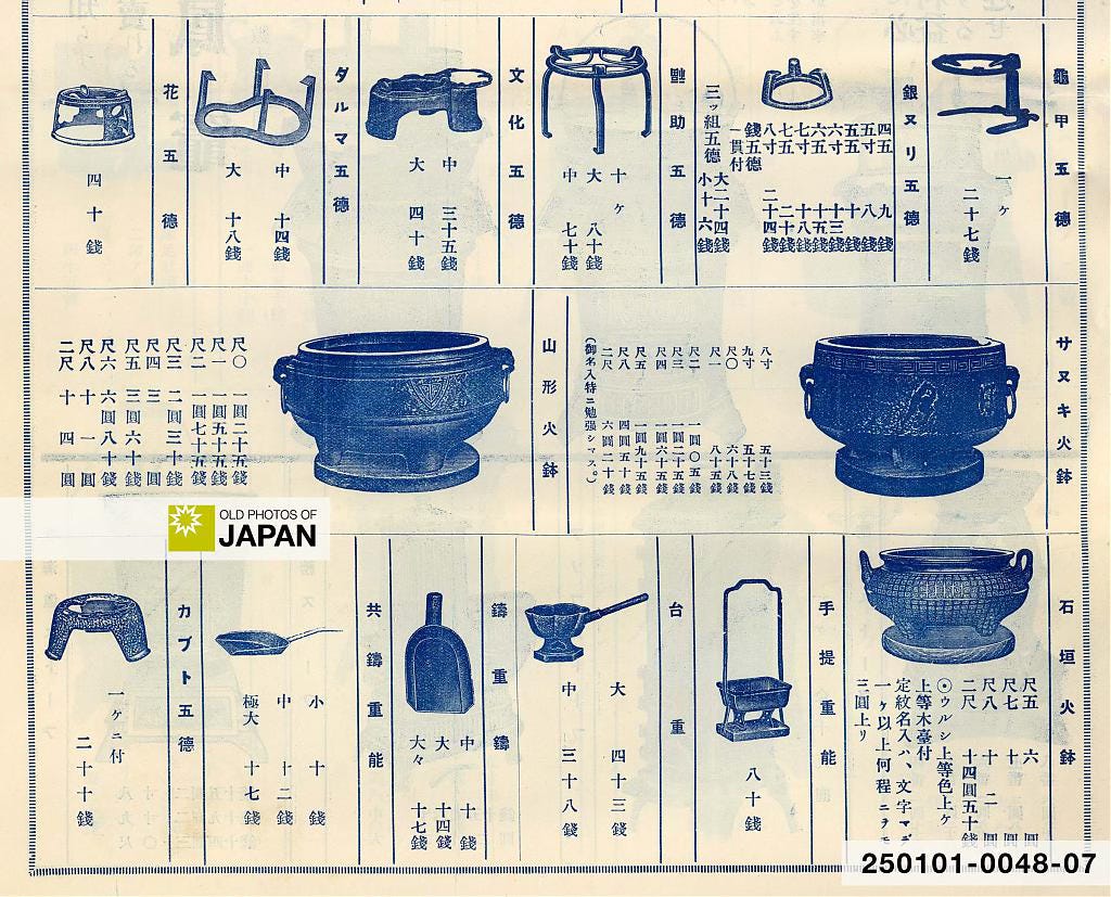 Cast iron hibachi and tools in a Japanese advertising brochure from 1931 Cast iron hibachi and tools in a Japanese advertising brochure from 1931
