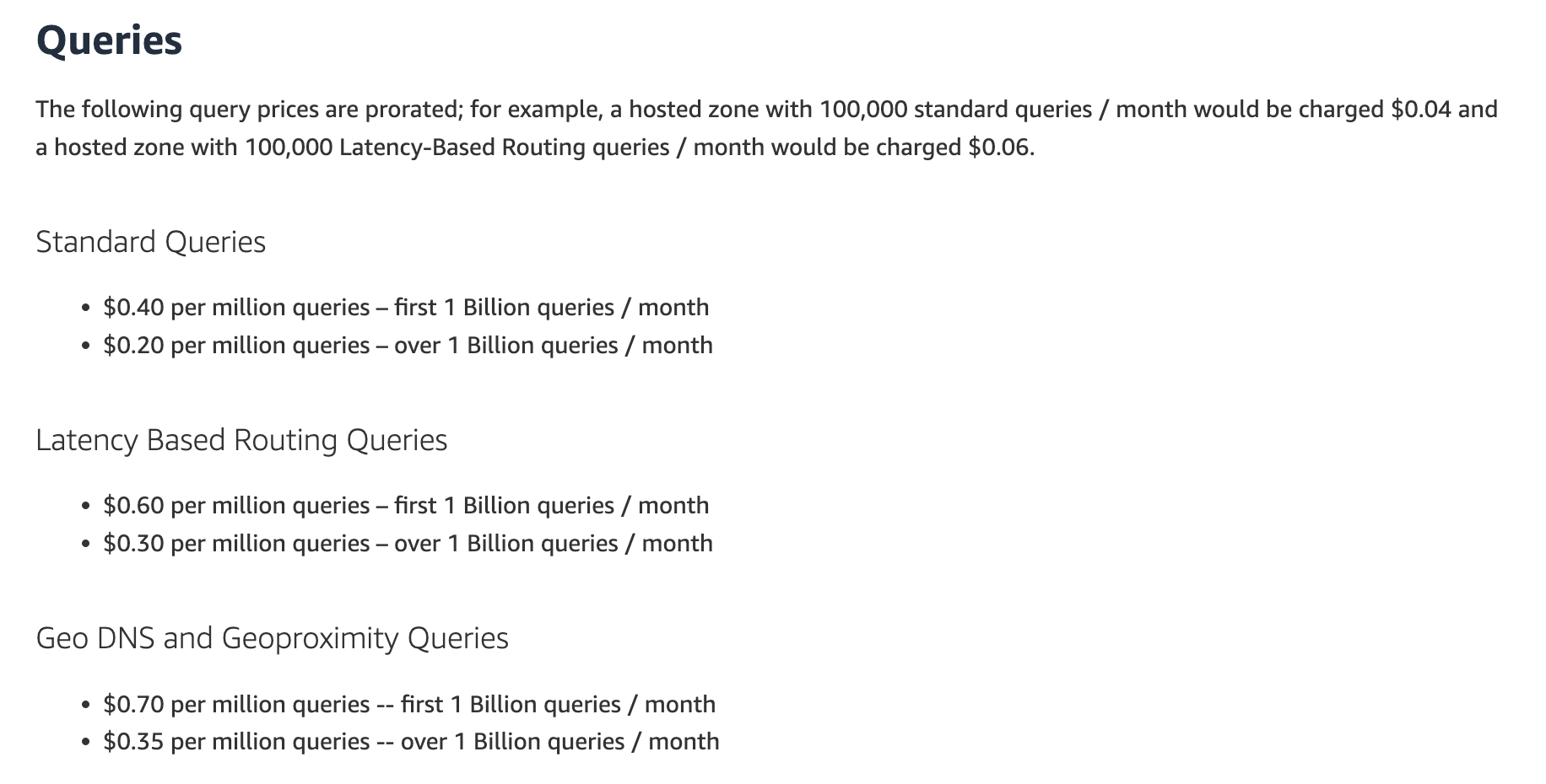 Queries The following query prices are prorated; for example, a hosted zone with 100,000 standard queries / month would be charged $0.04 and a hosted zone with 100,000 Latency-Based Routing queries / month would be charged $0.06. Standard Queries • $0.40 per million queries - first 1 Billion queries / month • $0.20 per million queries - over 1 Billion queries / month Latency Based Routing Queries • $0.60 per million queries - first 1 Billion queries / month • $0.30 per million queries - over 1 Billion queries / month Geo DNS and Geoproximity Queries • $0.70 per million queries -- first 1 Billion queries / month • $0.35 per million queries - over 1 Billion queries / month