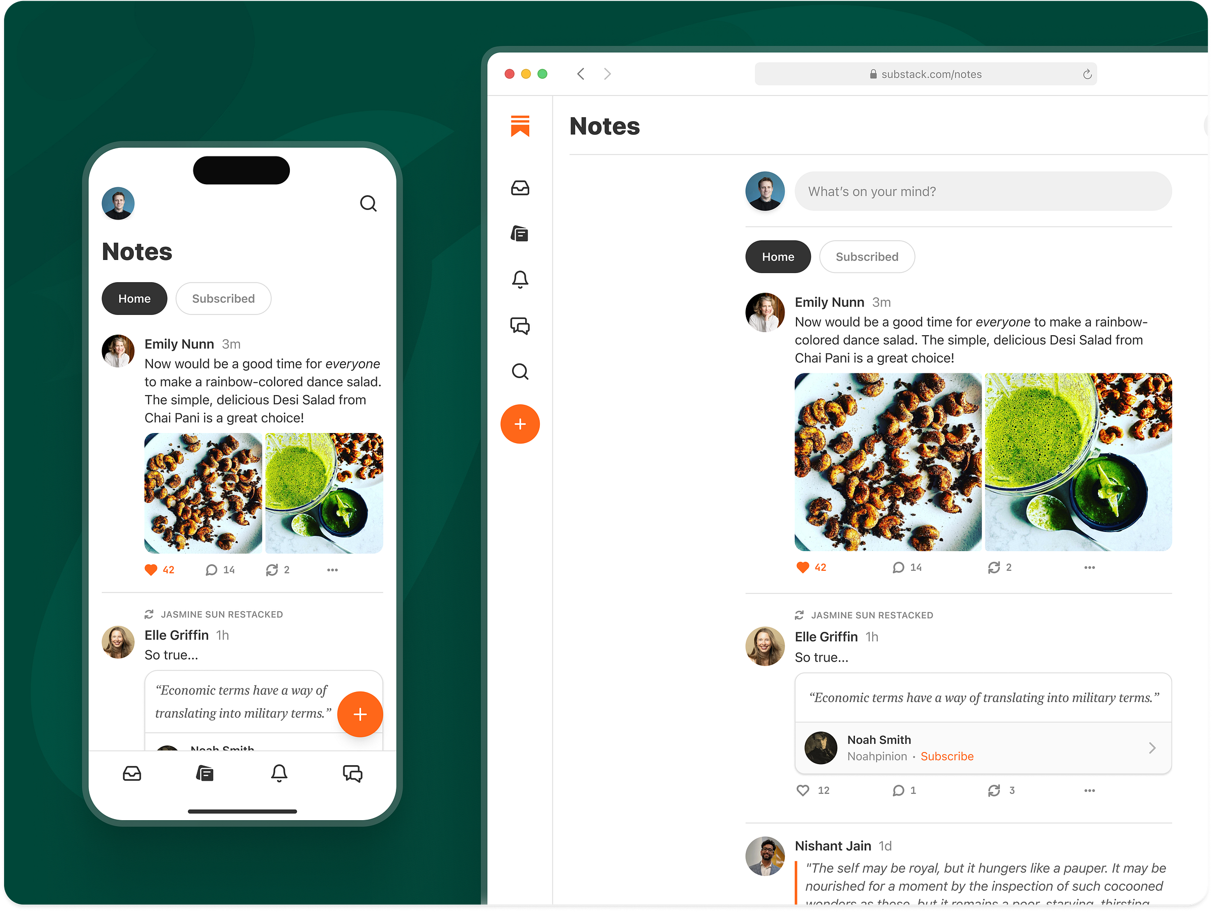 Screenshots of Substack Notes in the app and on the web. Screenshots of Substack Notes in the app and on the web.