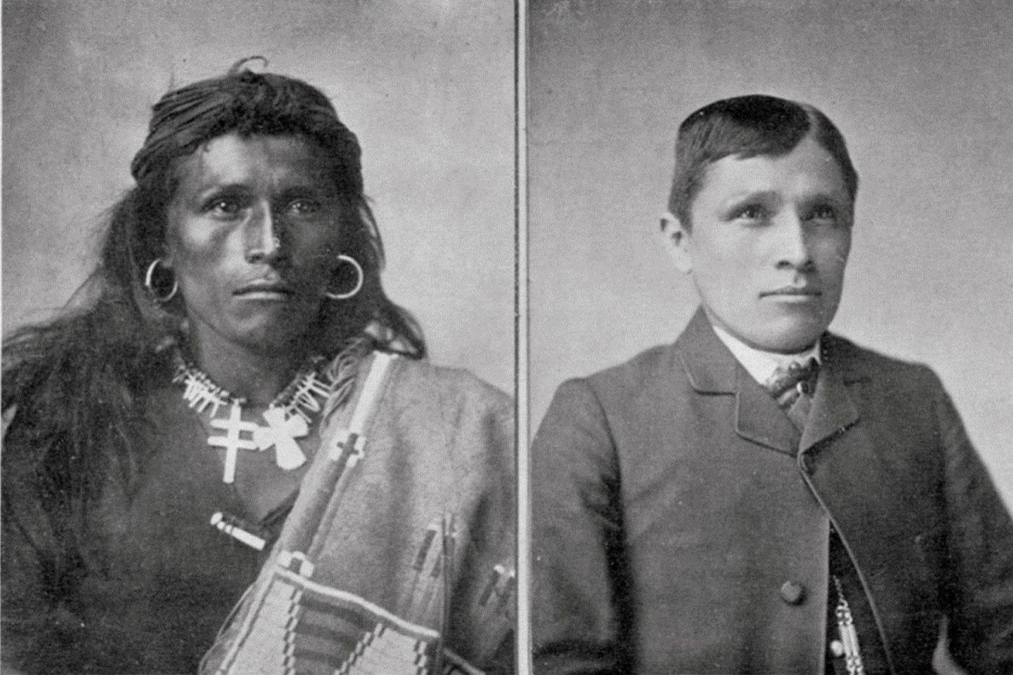 Before and after photograph of an Indigenous boy at a residential school in the 19th century