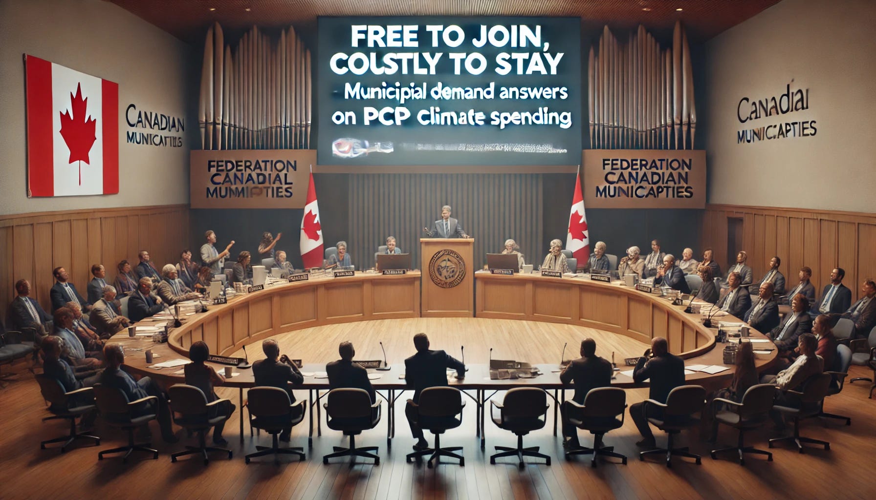 A Canadian municipal council meeting in a well-lit chamber. A large screen at the front displays a slide with the bold text: “Free to Join, Costly to Stay” – Municipal Councils Demand Answers on PCP Climate Spending.” Council members look skeptical, some taking notes, while a presenter from the Federation of Canadian Municipalities stands at the podium. The atmosphere is tense, with a focus on financial accountability. The scene should feel realistic and professional, emphasizing municipal decision-making.