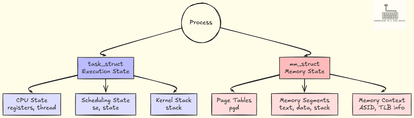 The Linux kernel logically splits the representation of a process into two
central data structures: task_struct which holds the execution state, and
mm_struct which holds the memory
state.