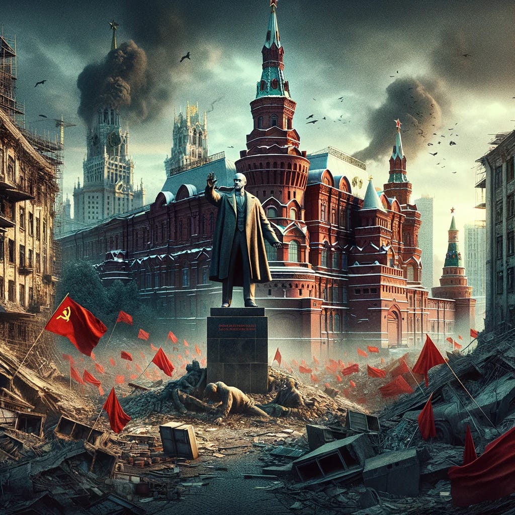 A dramatic and symbolic image of the Kremlin surrounded by red flags, with a statue of Lenin prominently featured in the foreground. The scene is set against a backdrop of collapse and decay, symbolizing the fall of the Soviet Union. Buildings around the Kremlin show signs of neglect and ruin, streets are deserted, and the environment conveys a sense of abandonment and change. The red flags, still waving, represent the enduring legacy of the Soviet era, even as the world around them crumbles. The atmosphere is charged with history and the poignant contrast between past ideals and present reality.