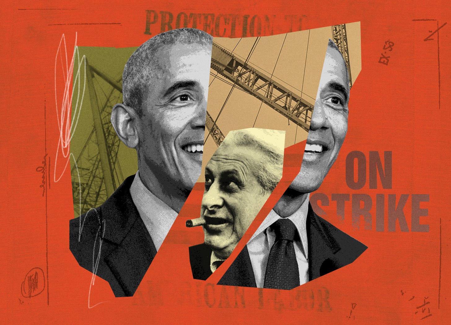 Collage of black-and-white photographs featuring Barack Obama and Studs Terkel set on an orange background; the words "on strike" appear on the right