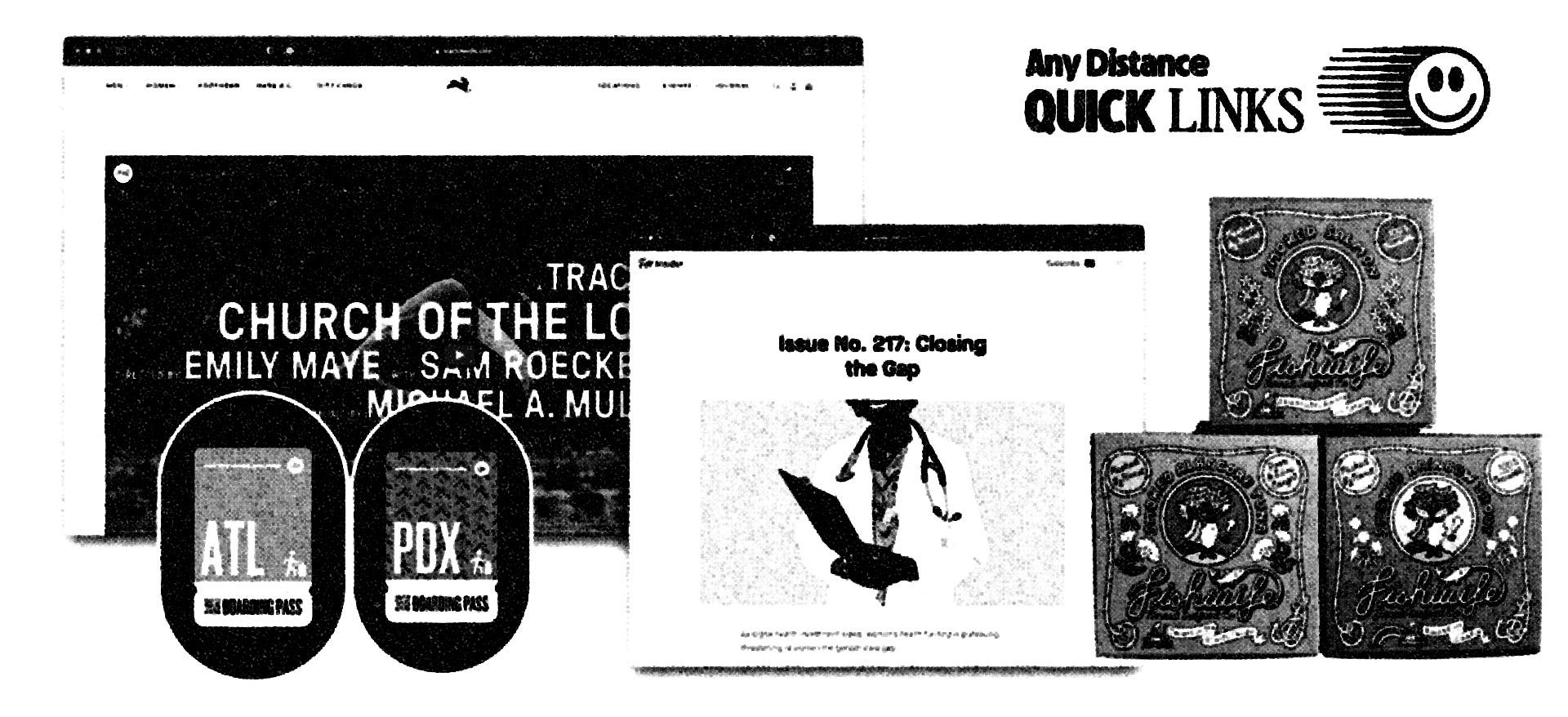 A quick links preview featuring Tracksmith's website, a screenshot of Fitt Insider's newsletter, airport medals from the Any Distance app, and the trio from Fishwife.