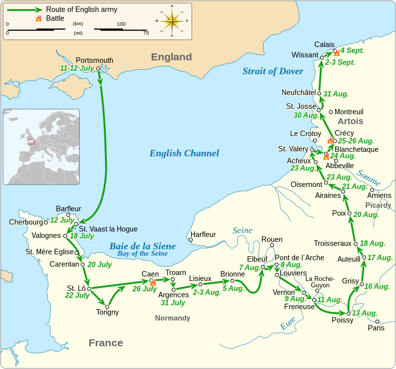 A map of south east England and north east France showing the route of the English army