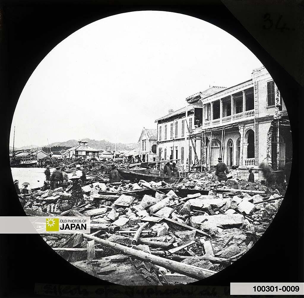 Glass slide by Auguste Gordes of the damage caused to Kobe by the 1871 typhoon