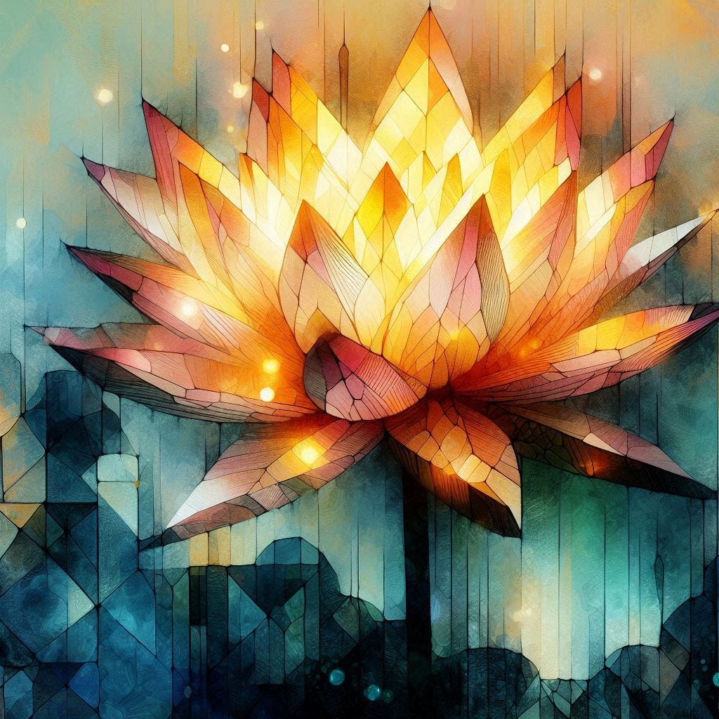 watercolor and cubist gold-glowing lotus flower