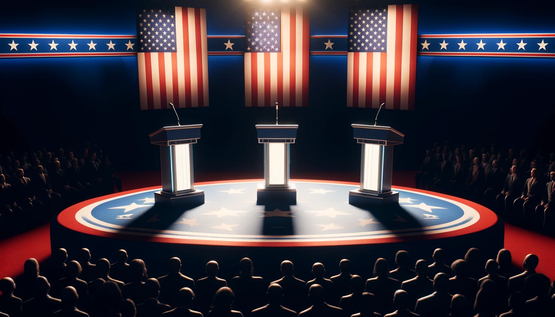 A detailed scene of a USA presidential debate stage with three empty podiums. The stage has American flags in the background, and there is a large audience watching. The podiums are placed at equal distances from each other, each with a microphone and a nameplate. The lighting highlights the podiums and the stage, creating a sense of anticipation for the debate. The atmosphere is formal and professional, with the audience quietly waiting for the candidates to appear.