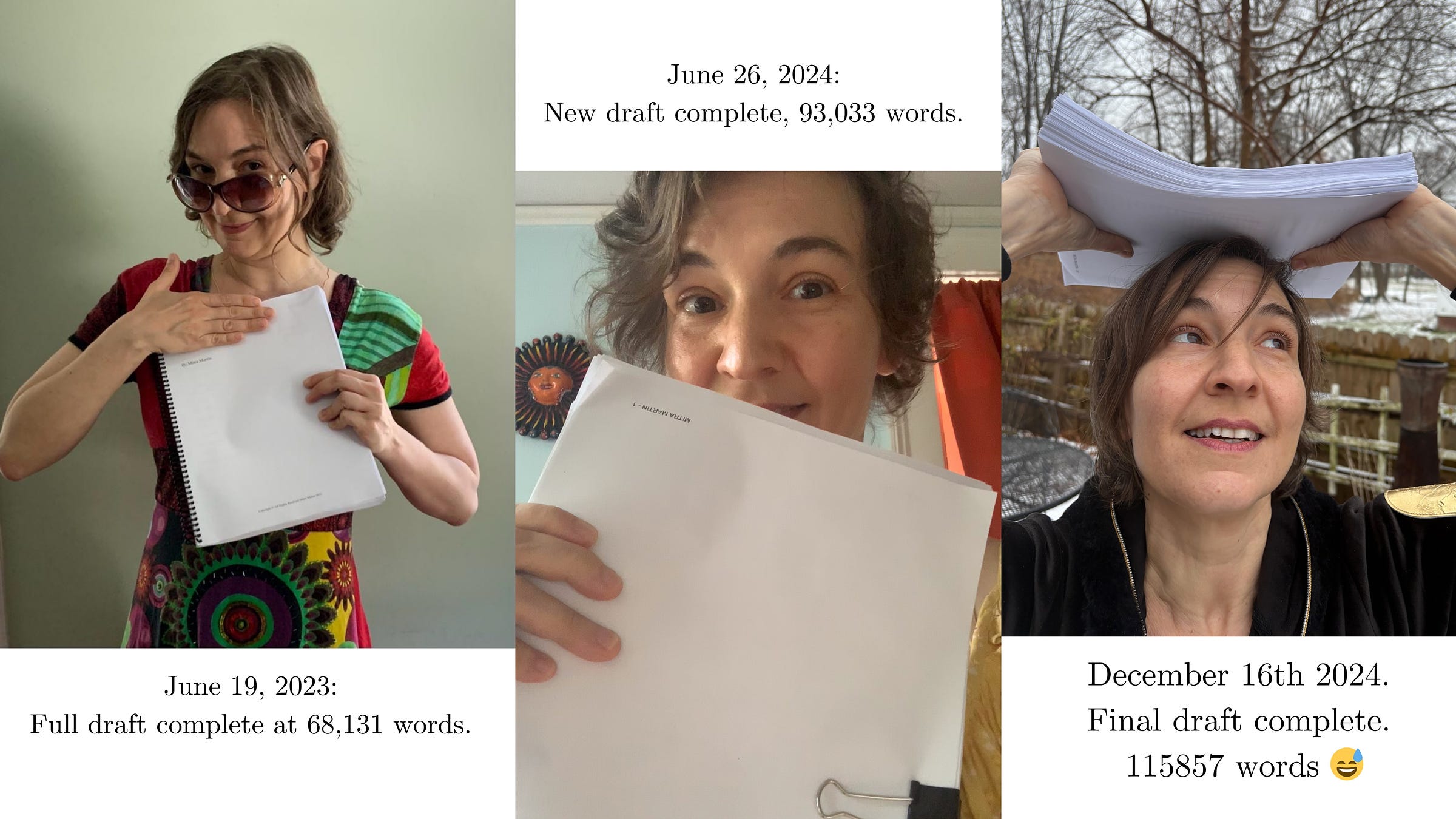 Three pictures of me celebrating with my book draft: June 2023, June 2024, and December 2024