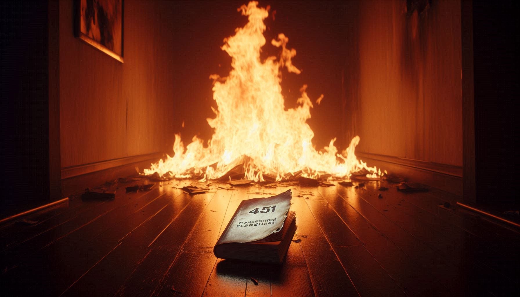 A copy of Fahrenheit 451 sits in the middle of a room on fire