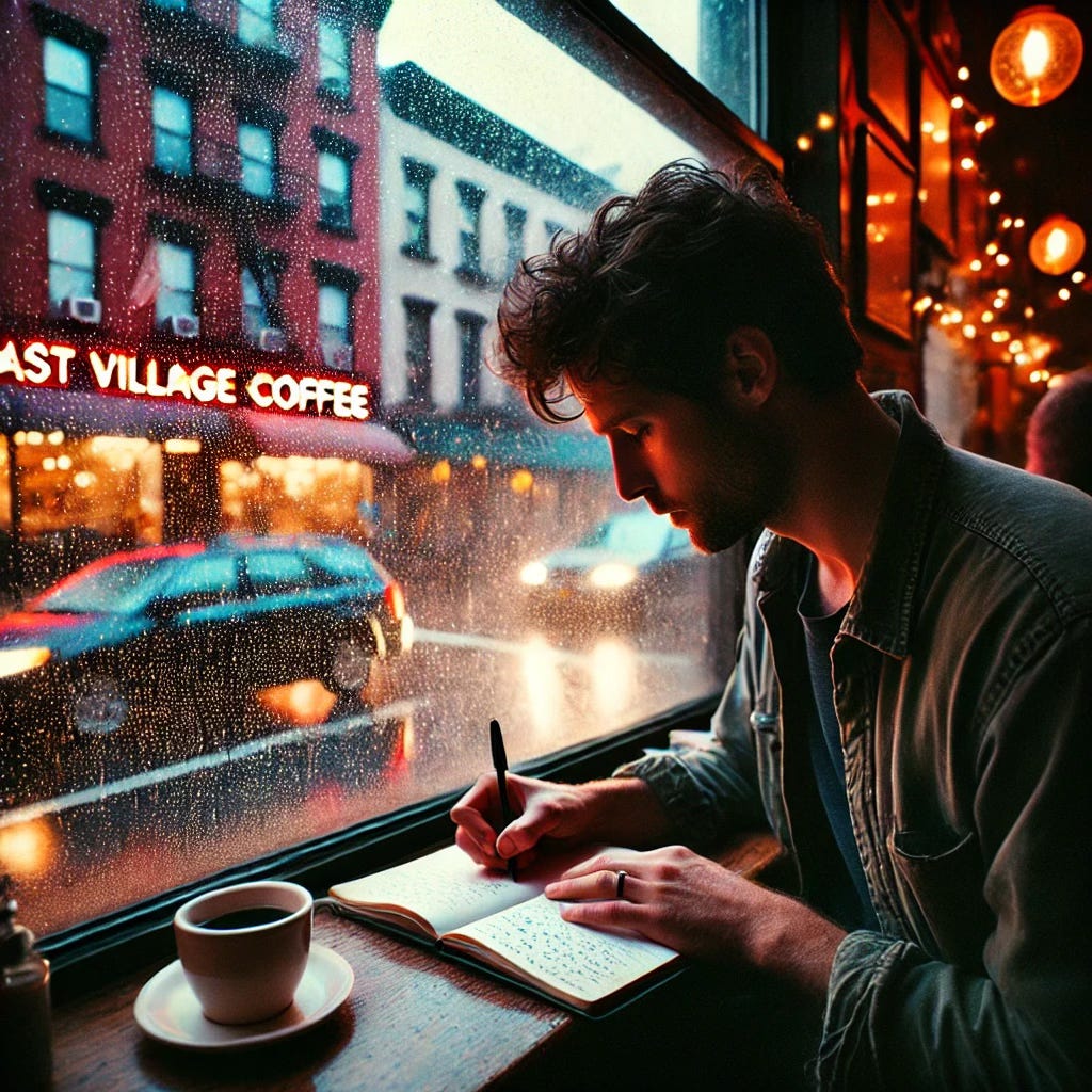 A man writing at an East Village NYC coffee shop