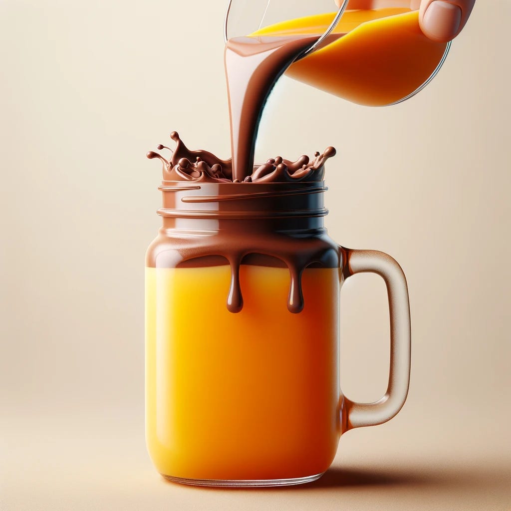 An image showing chocolate juice being poured from a container into a jar. The upper half of the jar is filled with chocolate juice, and it ends precisely at the tip of the glass jar. From that point, orange juice continues to fill the lower half of the jar. The background is simple to focus on the jar and the contrasting liquids inside.