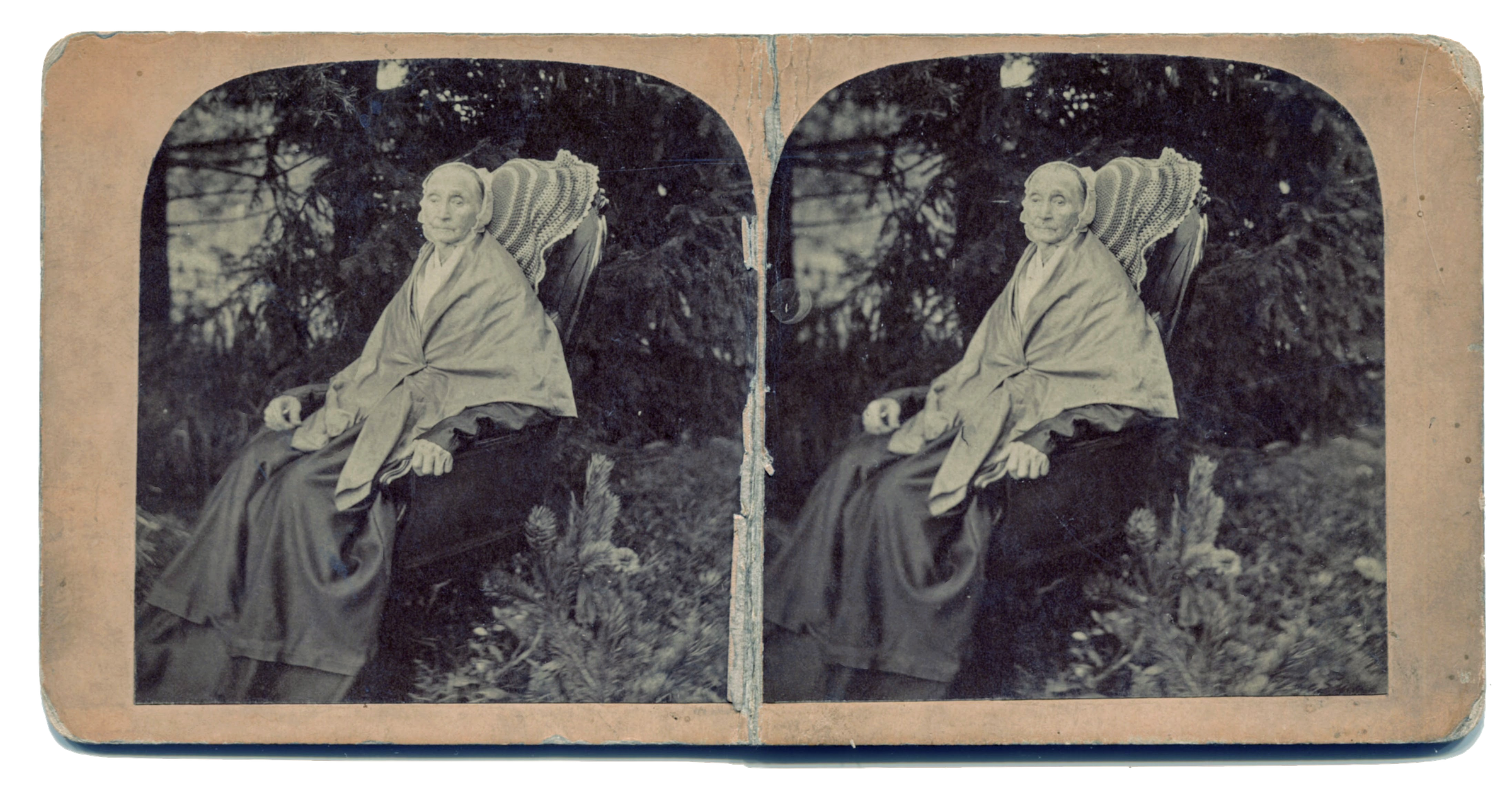 A stereograph from our family collection. The card is dated on the back with 1876. We know the subject lived from 1792 to 1882 so she would have been around 84 at the time. All Rights Reserved. 