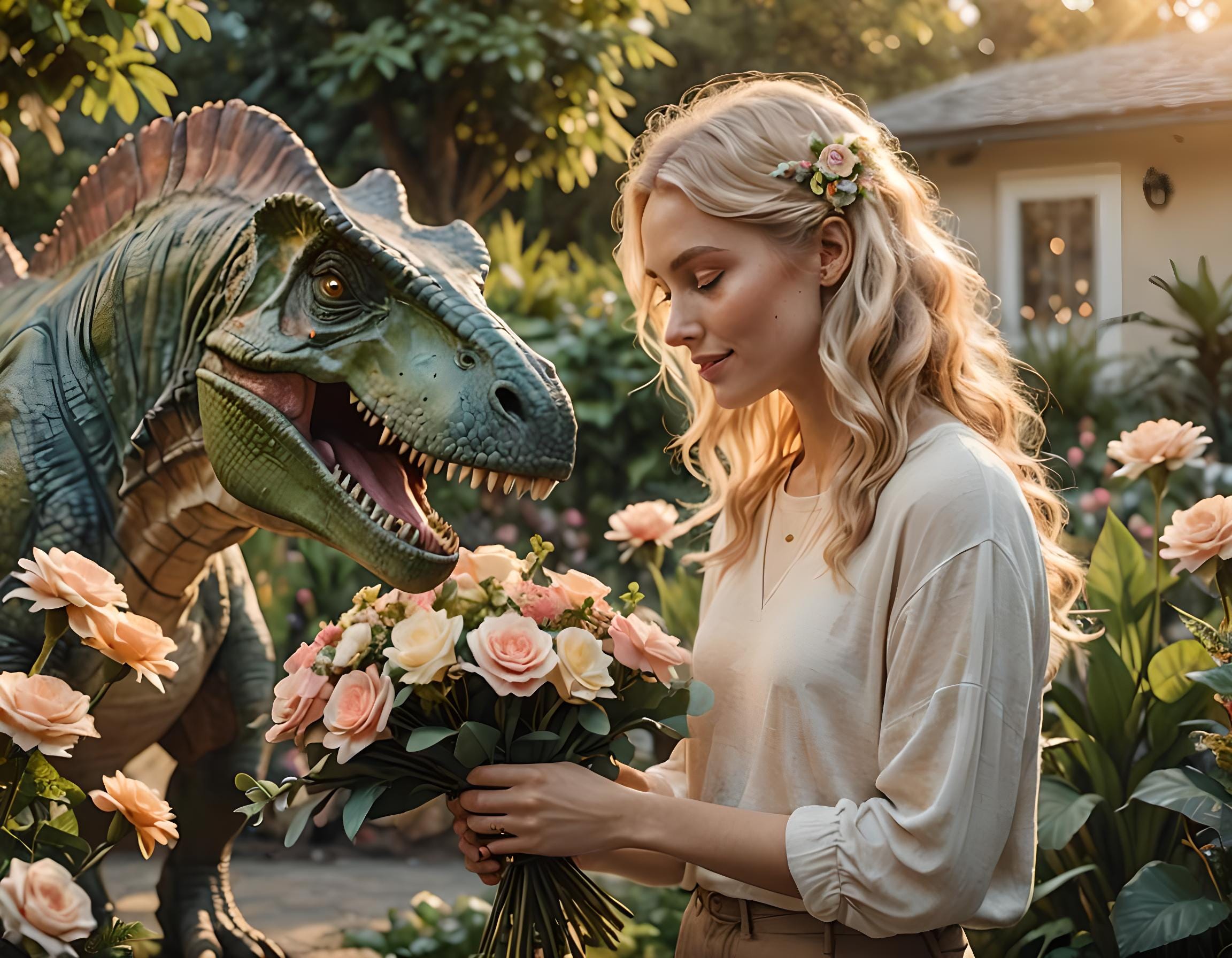 Blonde woman exchanging flowers with a carnosaur prior to engaging in dinosaur sex