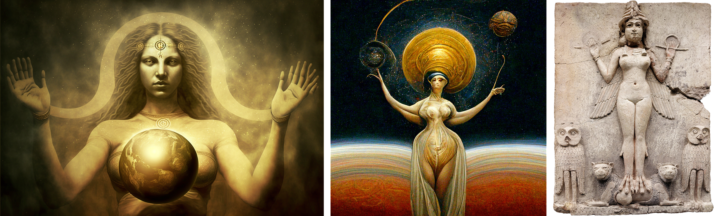 Three images. The first presents a woman in a symmetrical pose, her raised forearms and open palms accompanied by a basketball-sized planet floating in front of and obscuring her chest. Adorned with a medallion necklace and a diadem, she has a symmetrical symbol or halo, surrounded by star-like points of light and a hazy aura over her shoulders. The second image portrays a woman in a loose dress, her extended arms and poorly defined hands gesture toward nebula-like features and planet-like objects. A golden disk resembling a sun or halo, surrounded by stars, shines behind her head, while red, multicolored planetary horizons flank her against a night sky backdrop. The third image shows the Burney Relief, a sculpted Mesopotamian plaque in terra cotta featuring a winged, nude figure with bird's talons, feathered wings, and holding rod and ring symbols. Adorned with a four-tiered headdress, a necklace, and bracelets, the figure emerges from the plaque, accompanied by owls and standing upon lions.