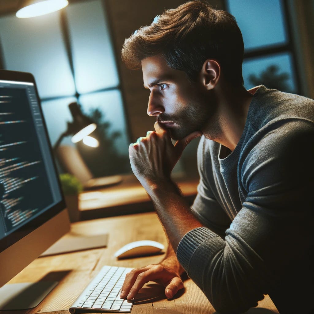 A man sitting at a desk, intently focused on the screen of his computer. He has one hand on his chin, suggesting deep concentration. The scene is set in a well-lit office space. The man appears to be coding, with lines of code visible on the computer screen. The atmosphere is quiet and studious, highlighting the man's dedication and focus.