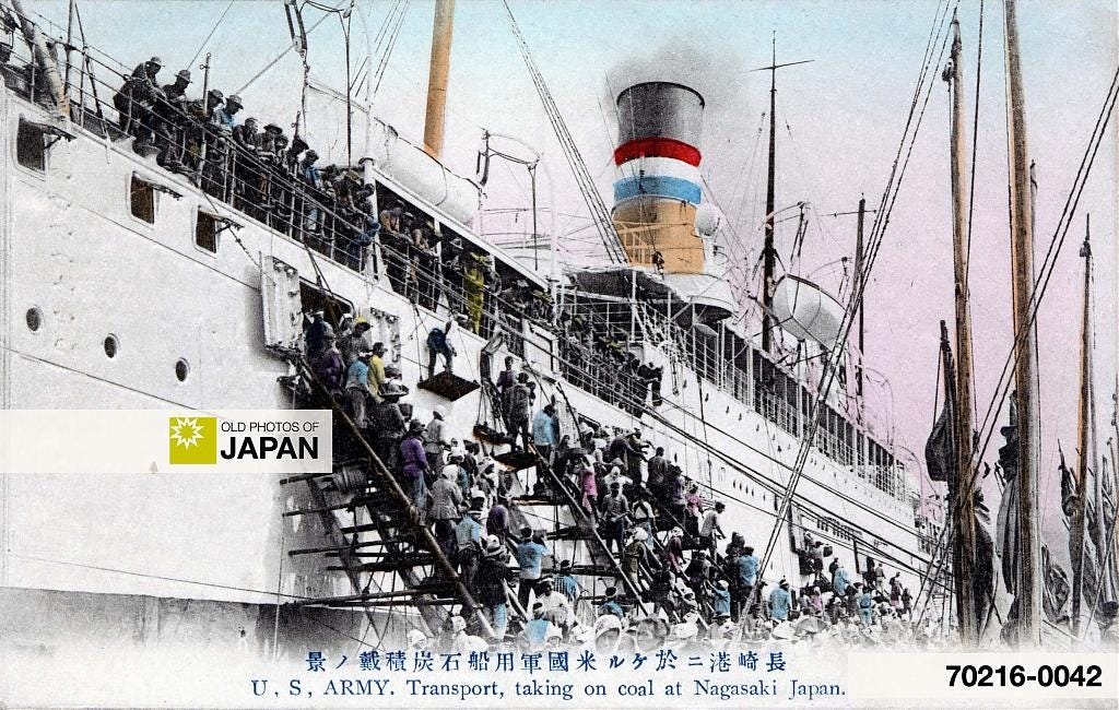 Coaling a US army transport ship in Nagasaki, ca. 1910s.