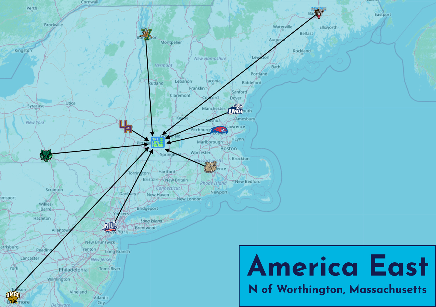 America East midpoint map America East midpoint map