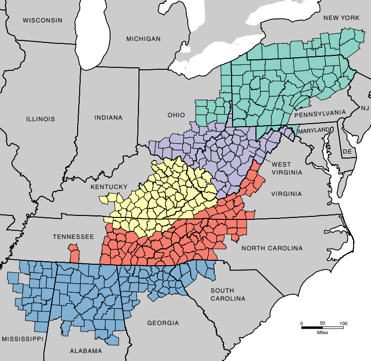 A map of Appalachia divided into its 5 subregions by color.