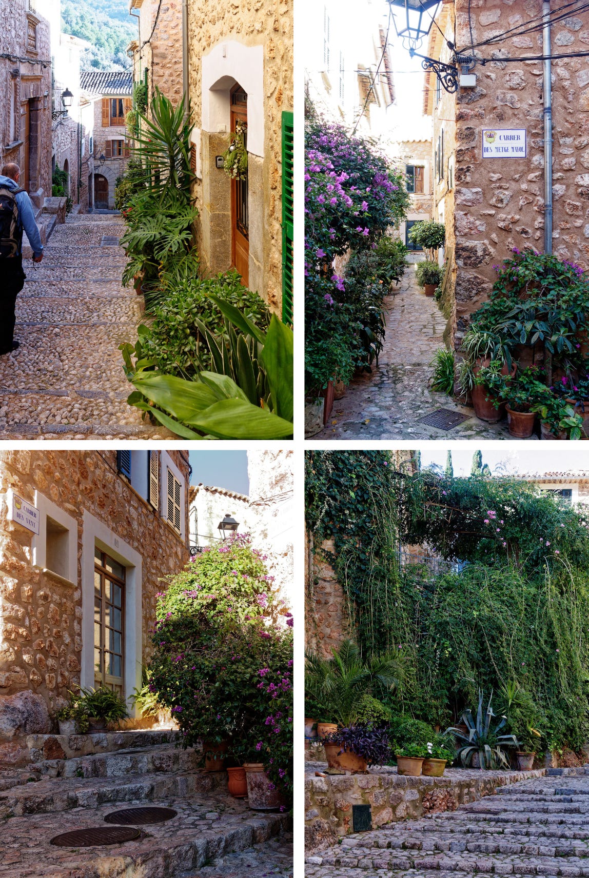 Four views of stone streets, houses and flowers in Fornalutx