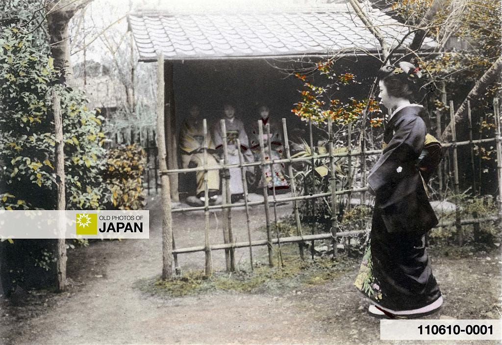 Japanese tea ceremony hostess arrives, 1907