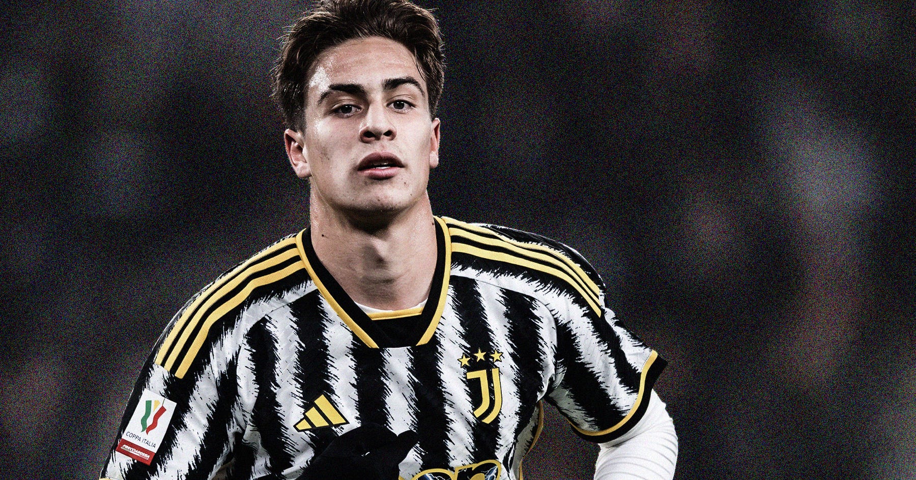 A close-up landscape photo of Kenan Yildiz playing for Juventus