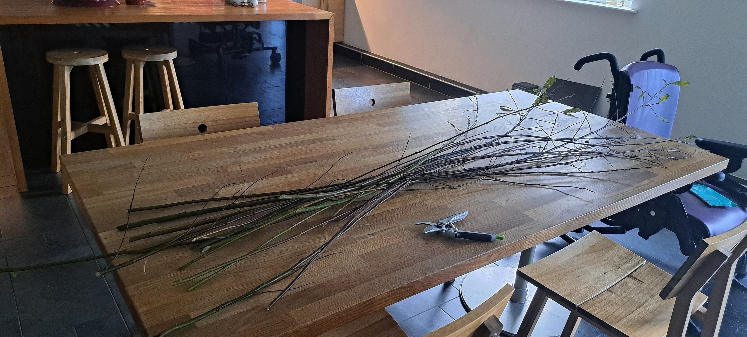 A pile of 6ft long willow rods on a wooden table, some with a few leaves still attached.