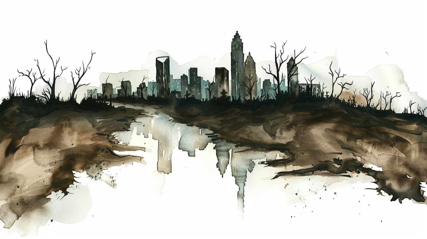 Watercolor silhouette of the Charlotte Skyline with a dried up river in the foreground