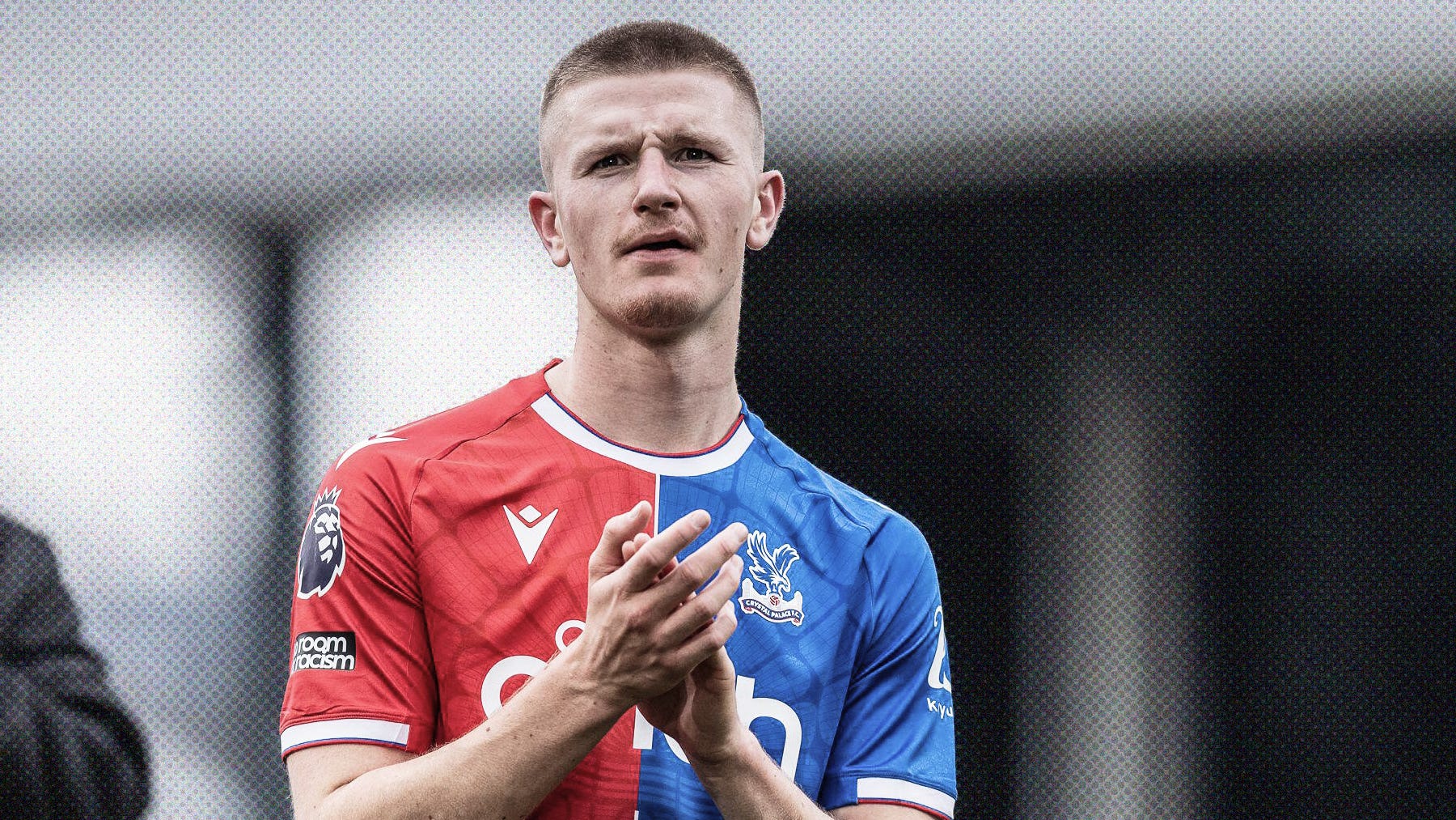 A photo of Adam Wharton in a red-and-blue Crystal Palace shirt clapping the fans