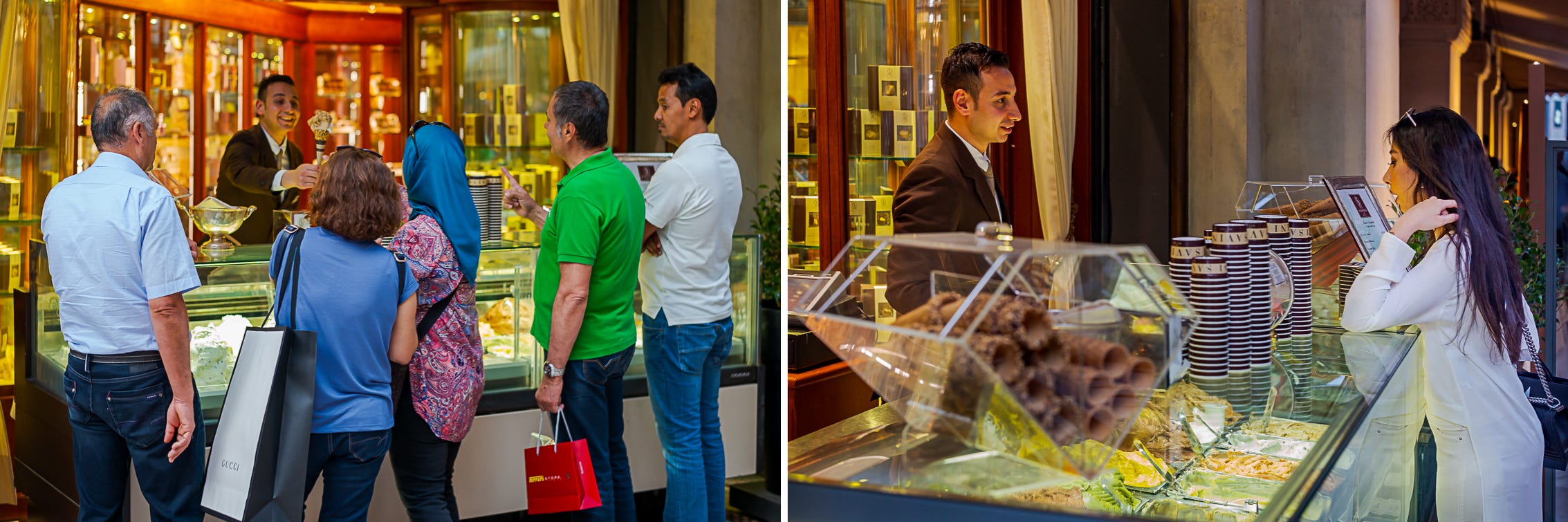 At the Gelateria (Note Gucci and Ferrari shopping bags)